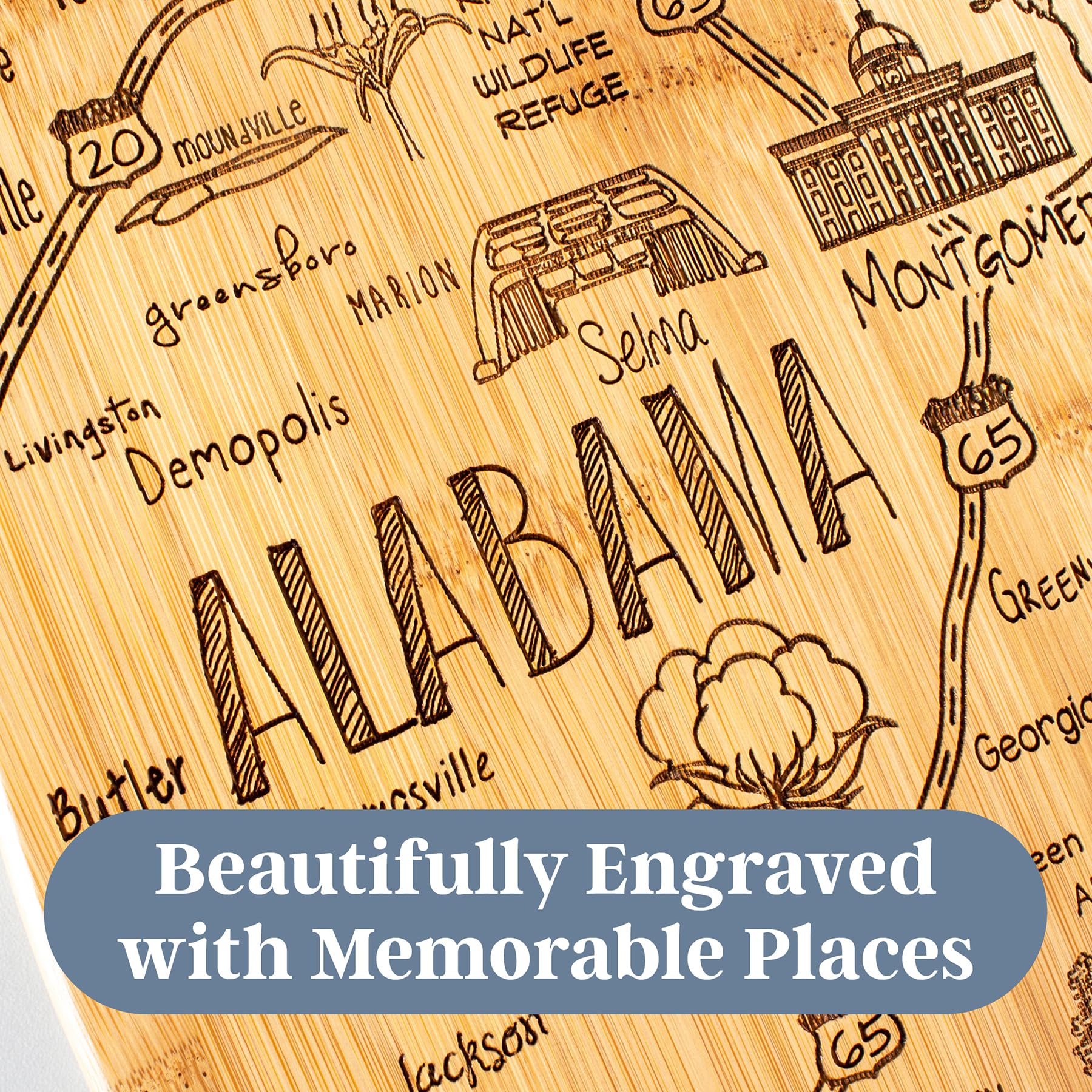 Totally Bamboo Alabama cutting board backside suitable for food prep.