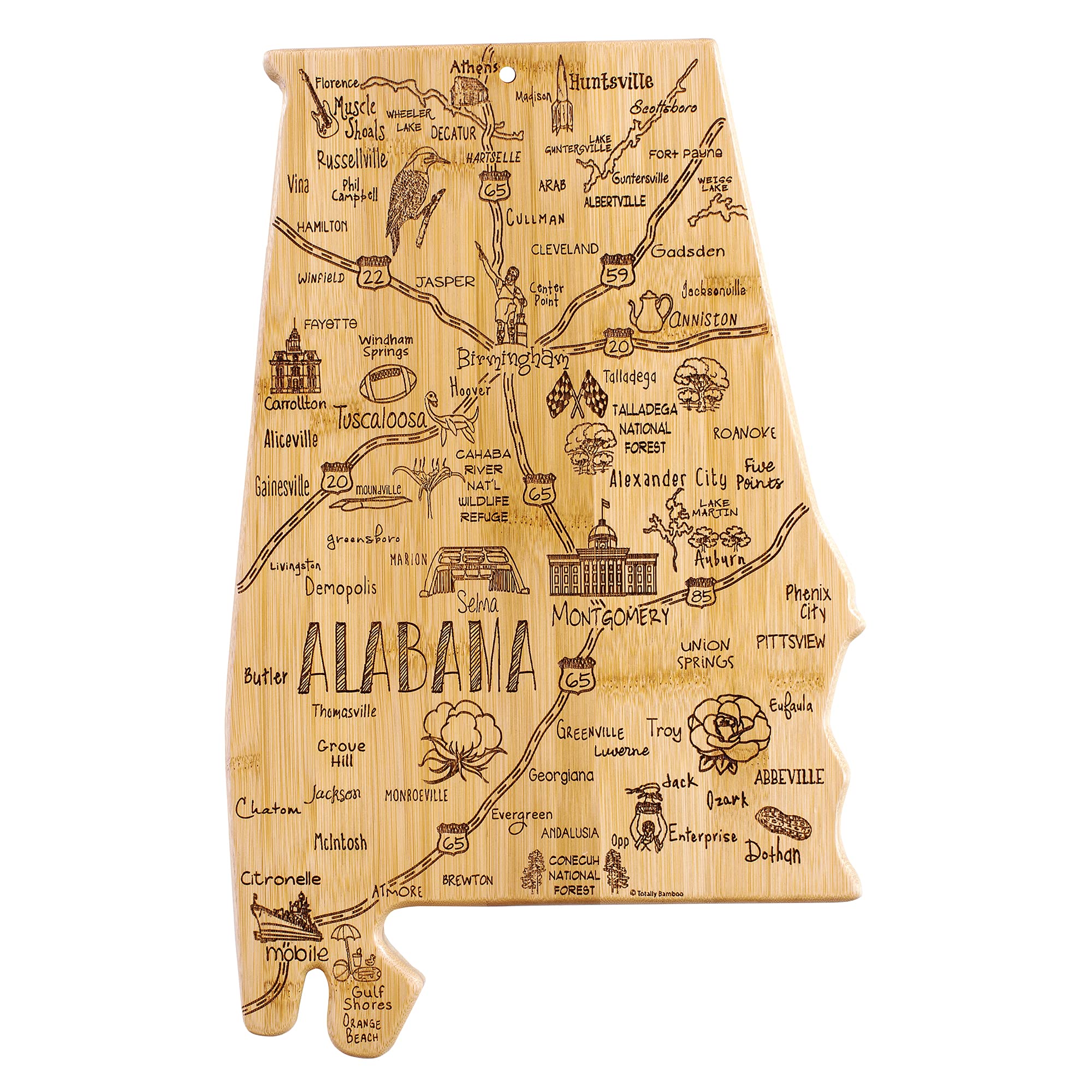 Totally Bamboo Alabama state cutting board with laser-engraved map for stylish serving.