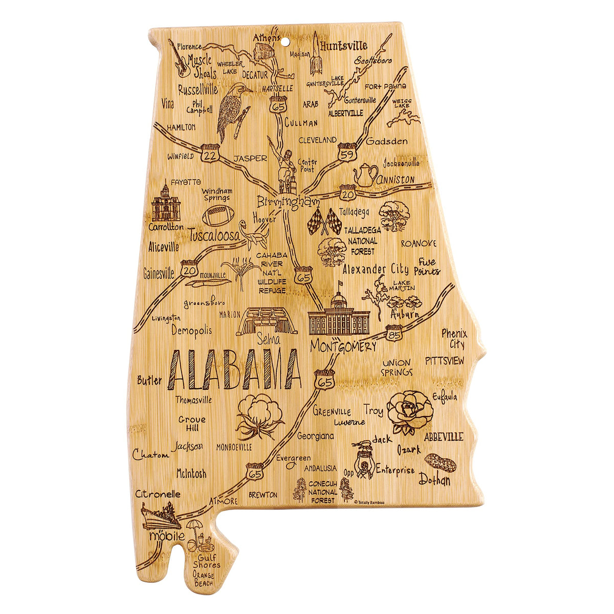 Totally Bamboo Alabama state cutting board with laser-engraved map for stylish serving.