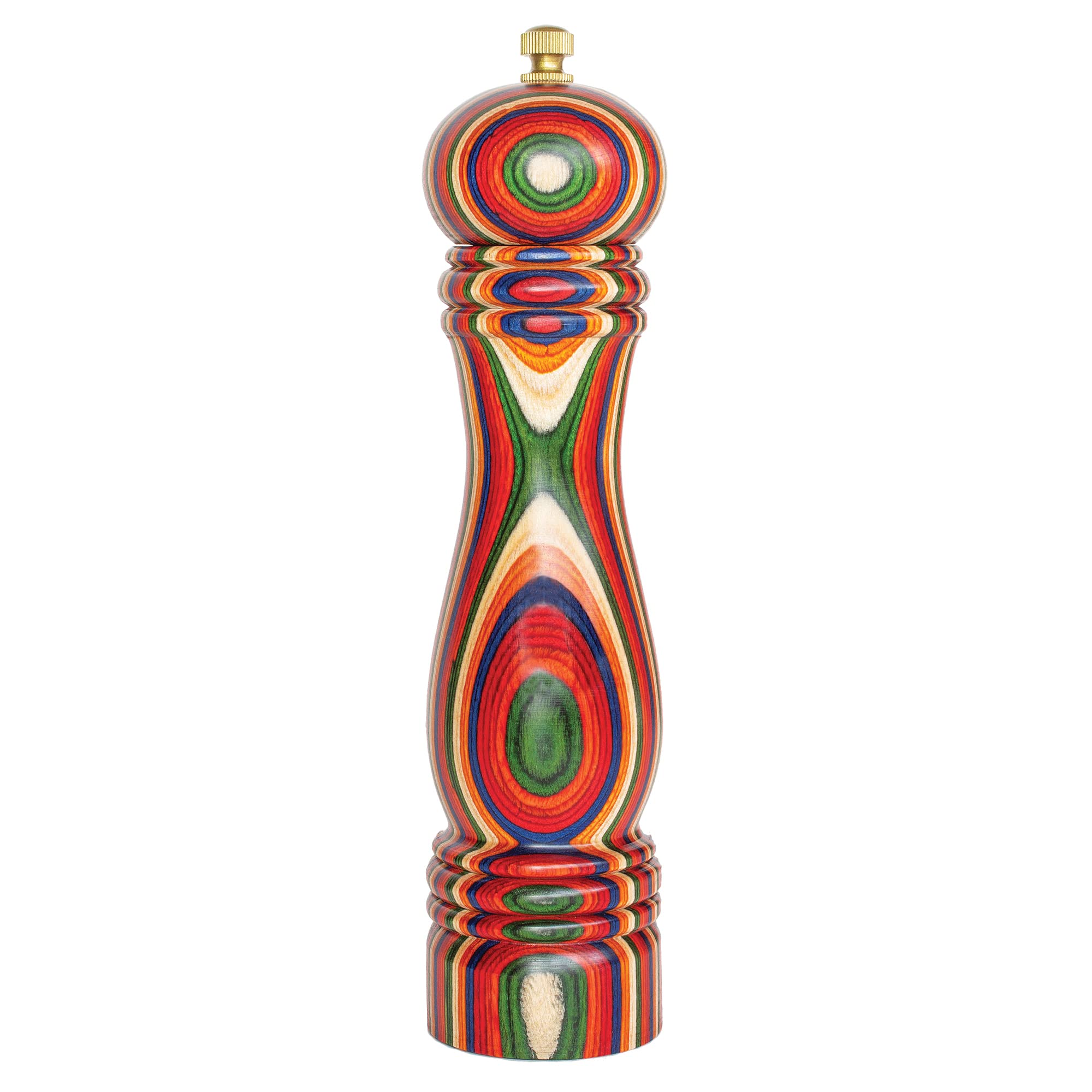 Totally Bamboo Baltique Marrakesh pepper grinder top view reveals vibrant wood design for stylish seasoning
