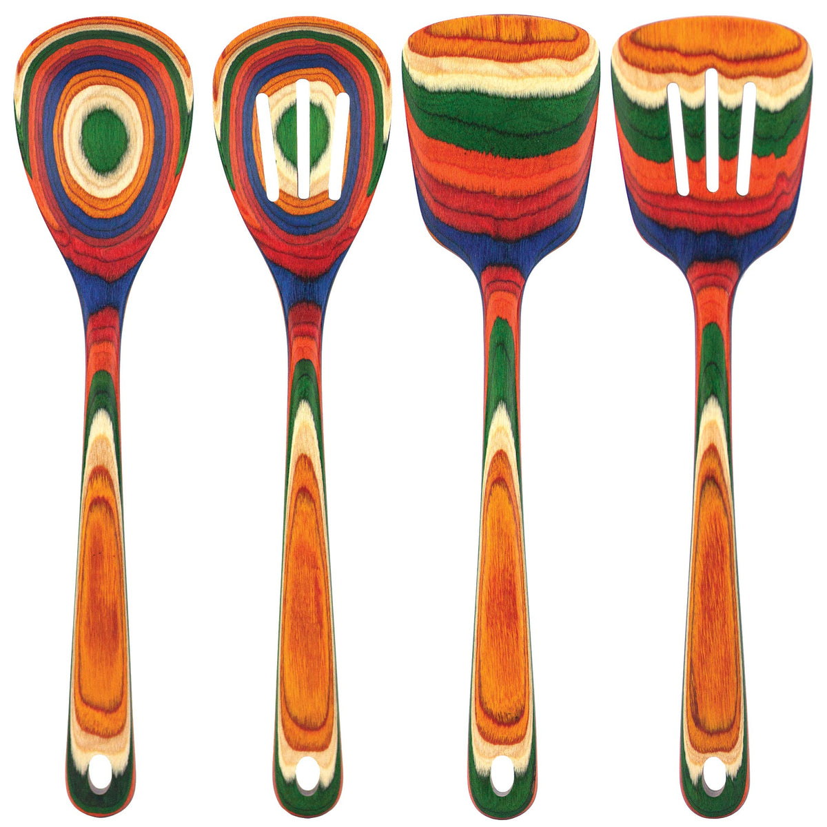 Totally Bamboo Baltique Marrakesh mixing spoon in rainbow hues for smooth stirring.