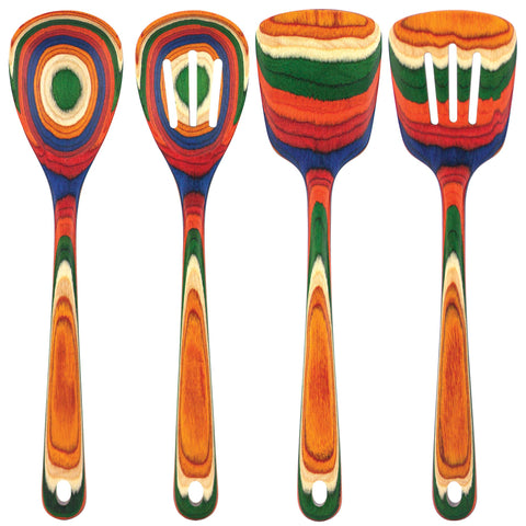Totally Bamboo Baltique Marrakesh mixing spoon in rainbow hues for smooth stirring.