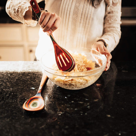Totally Bamboo Baltique Marrakesh slotted spatula ideal for serving and turning.
