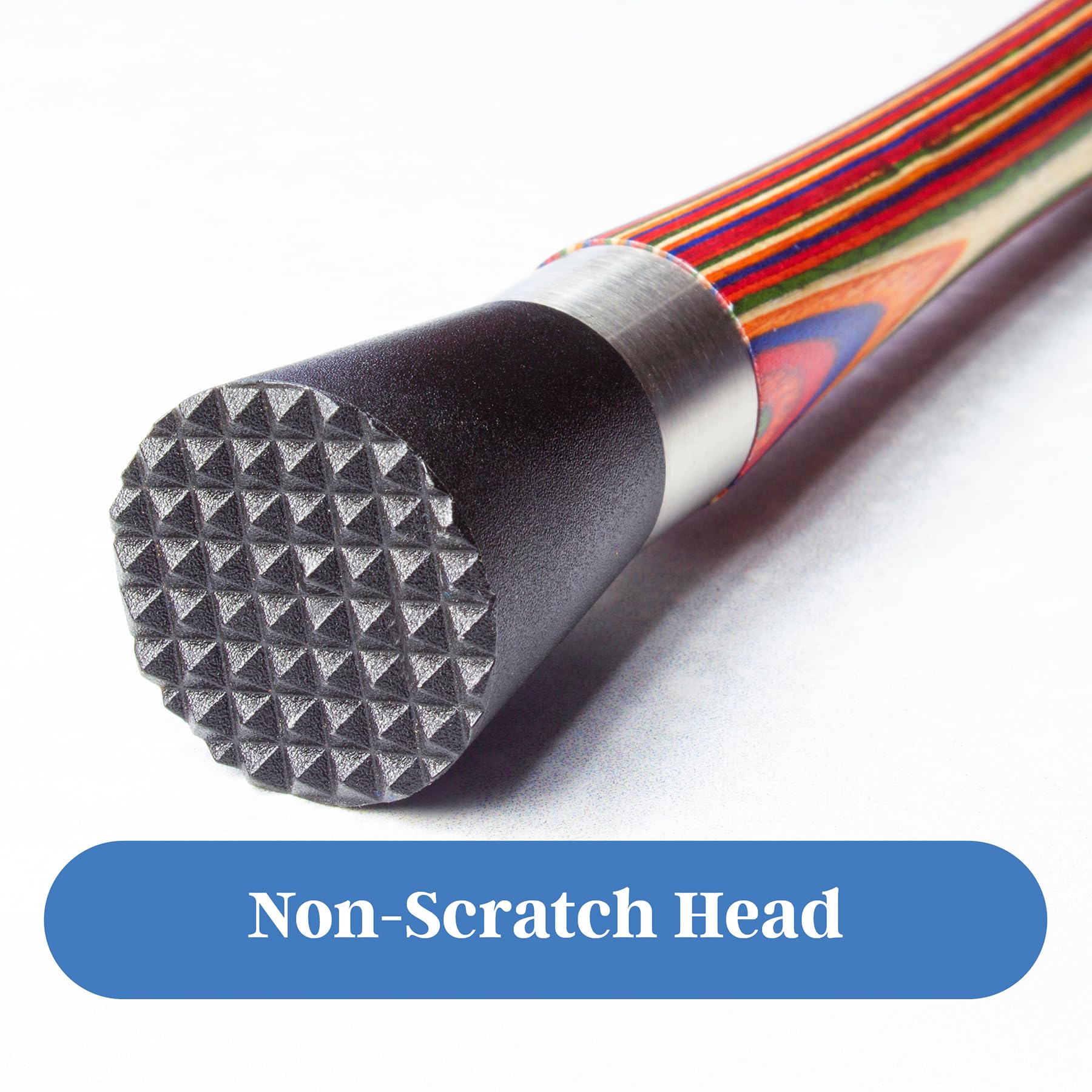Baltique Marrakesh muddler wood handle close-up highlights colorful layered birch wood.