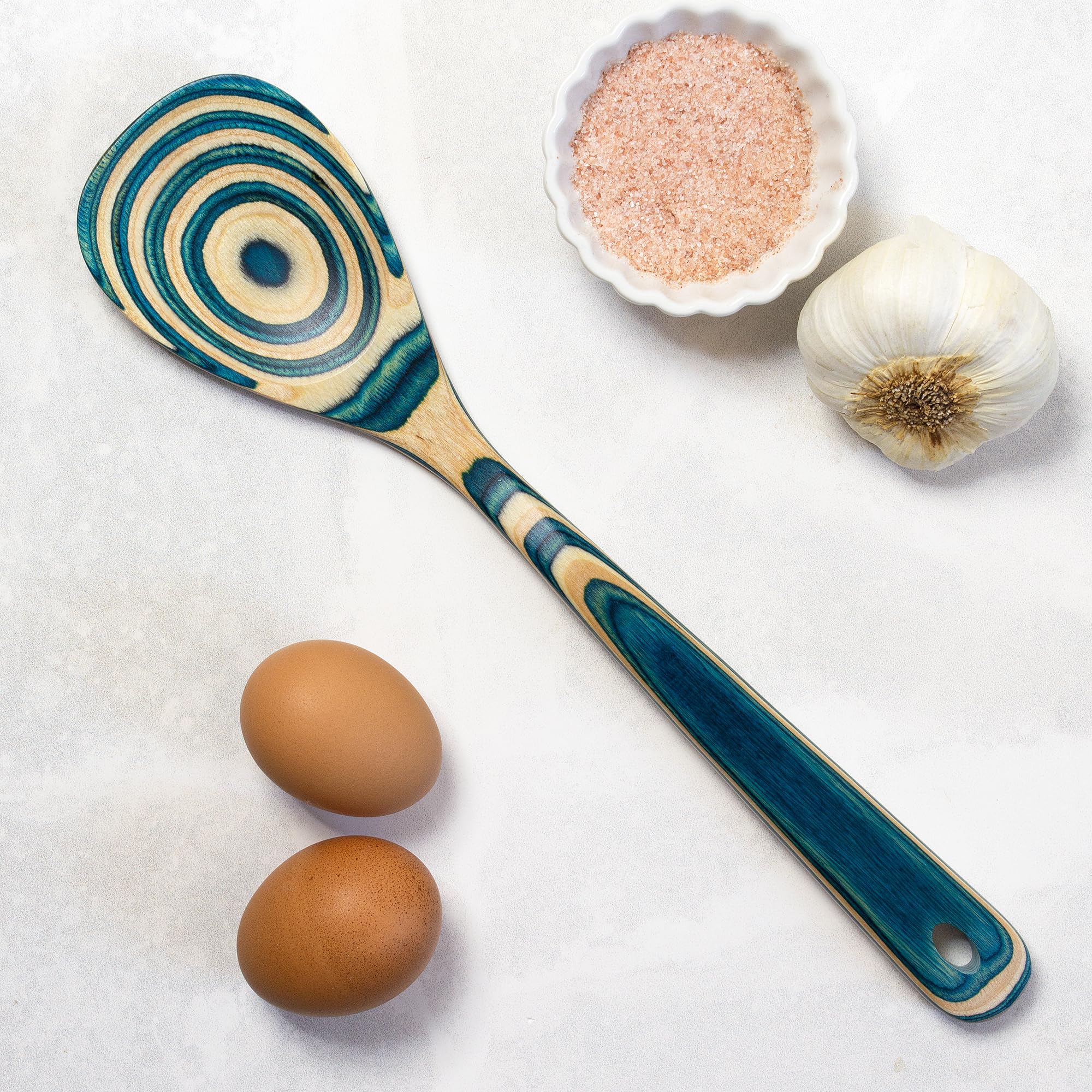 Totally Bamboo Baltique Mykonos spoon on skillet for sautéing