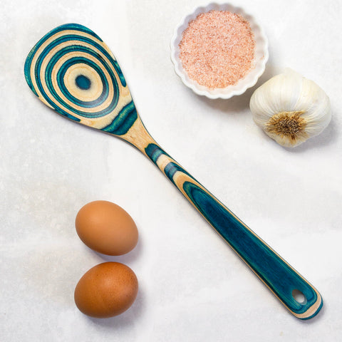 Totally Bamboo Baltique Mykonos spoon on skillet for sautéing