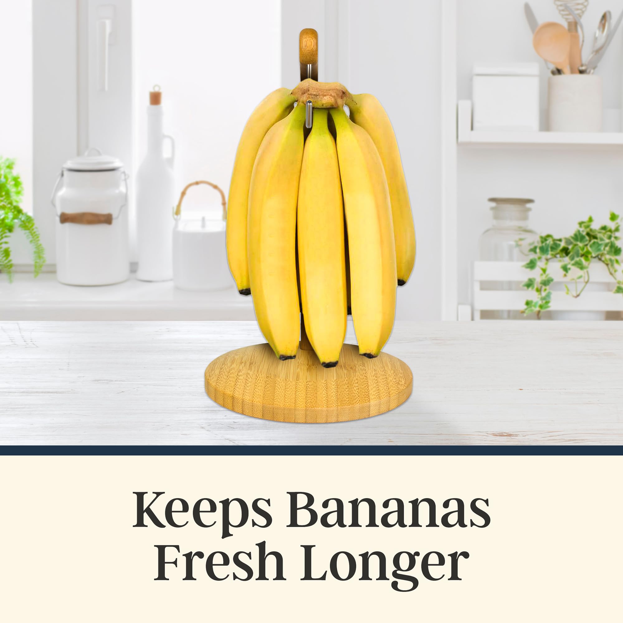 Totally Bamboo banana holder with bananas hanging to improve airflow.
