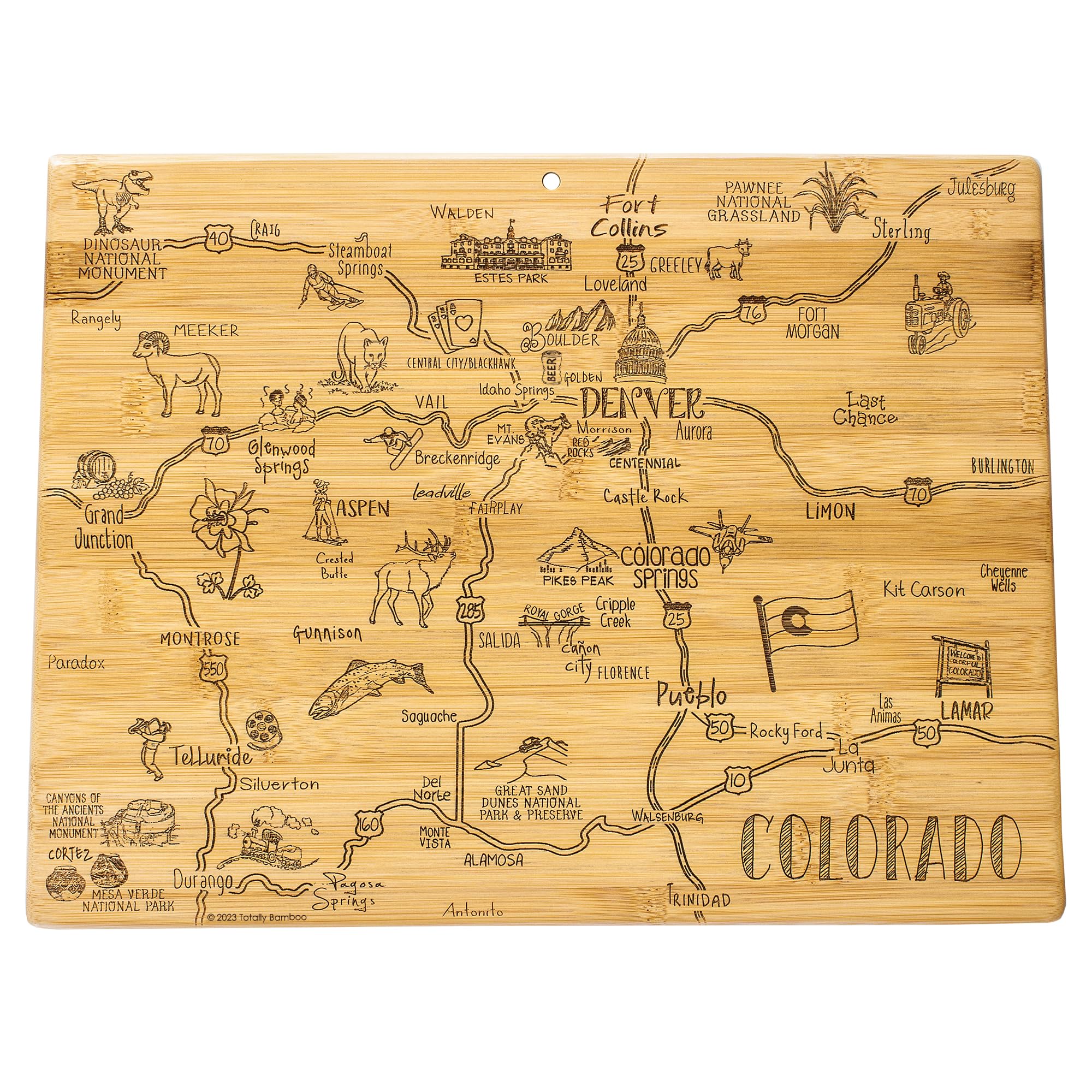 Totally Bamboo Colorado Destination map cutting board with engraved cities enhances entertaining