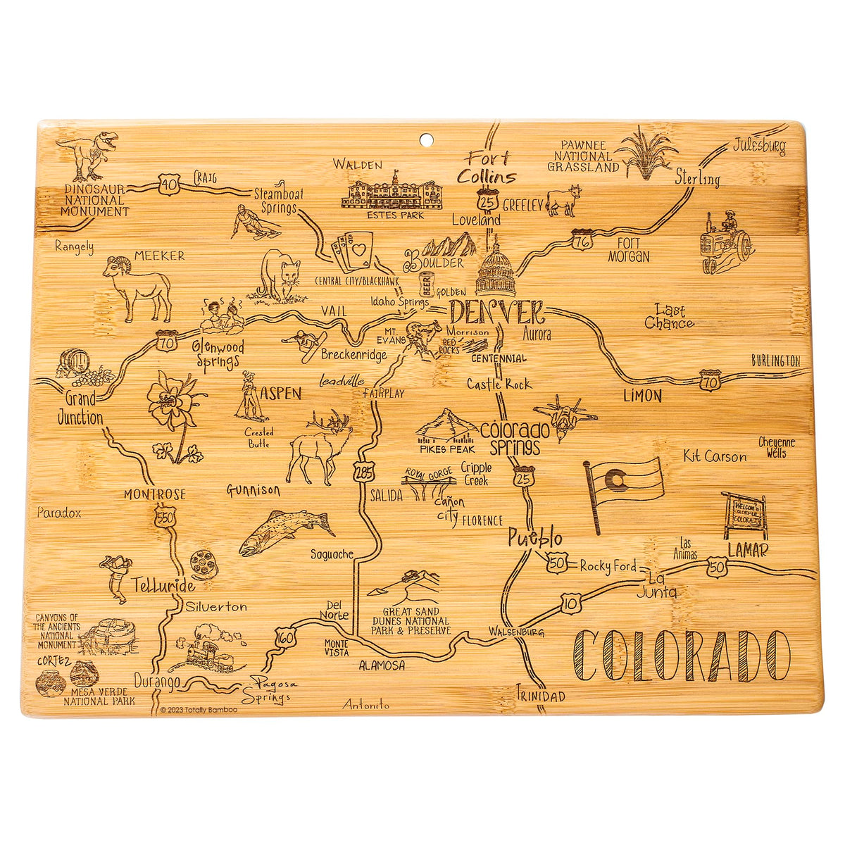 Totally Bamboo Colorado Destination map cutting board with engraved cities enhances entertaining
