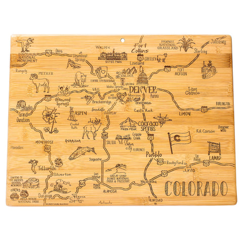 Totally Bamboo Colorado Destination map cutting board with engraved cities enhances entertaining