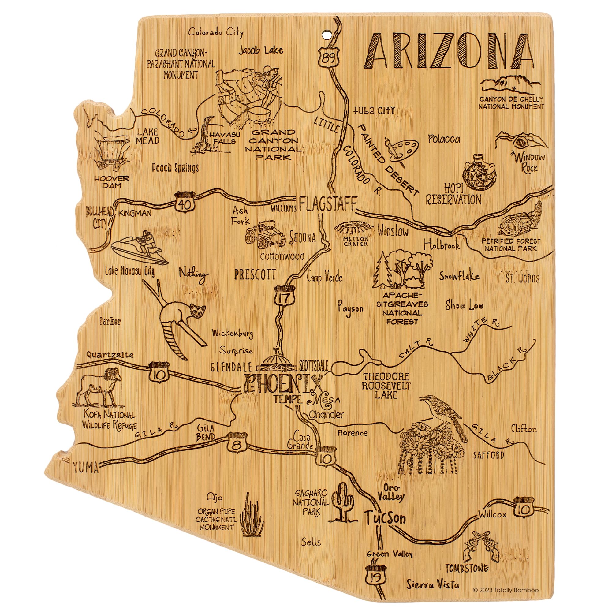 Totally Bamboo Arizona state cutting board with engraved map artwork for stylish food prep
