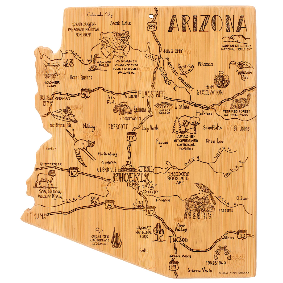 Totally Bamboo Arizona state cutting board with engraved map artwork for stylish food prep