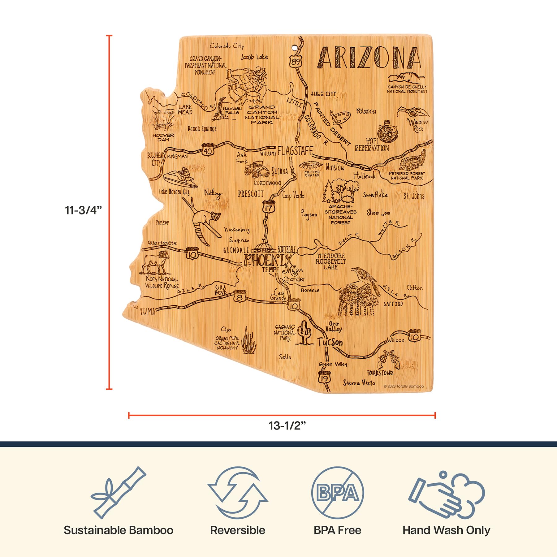 Totally Bamboo board with hang tie for easy wall display in Arizona style