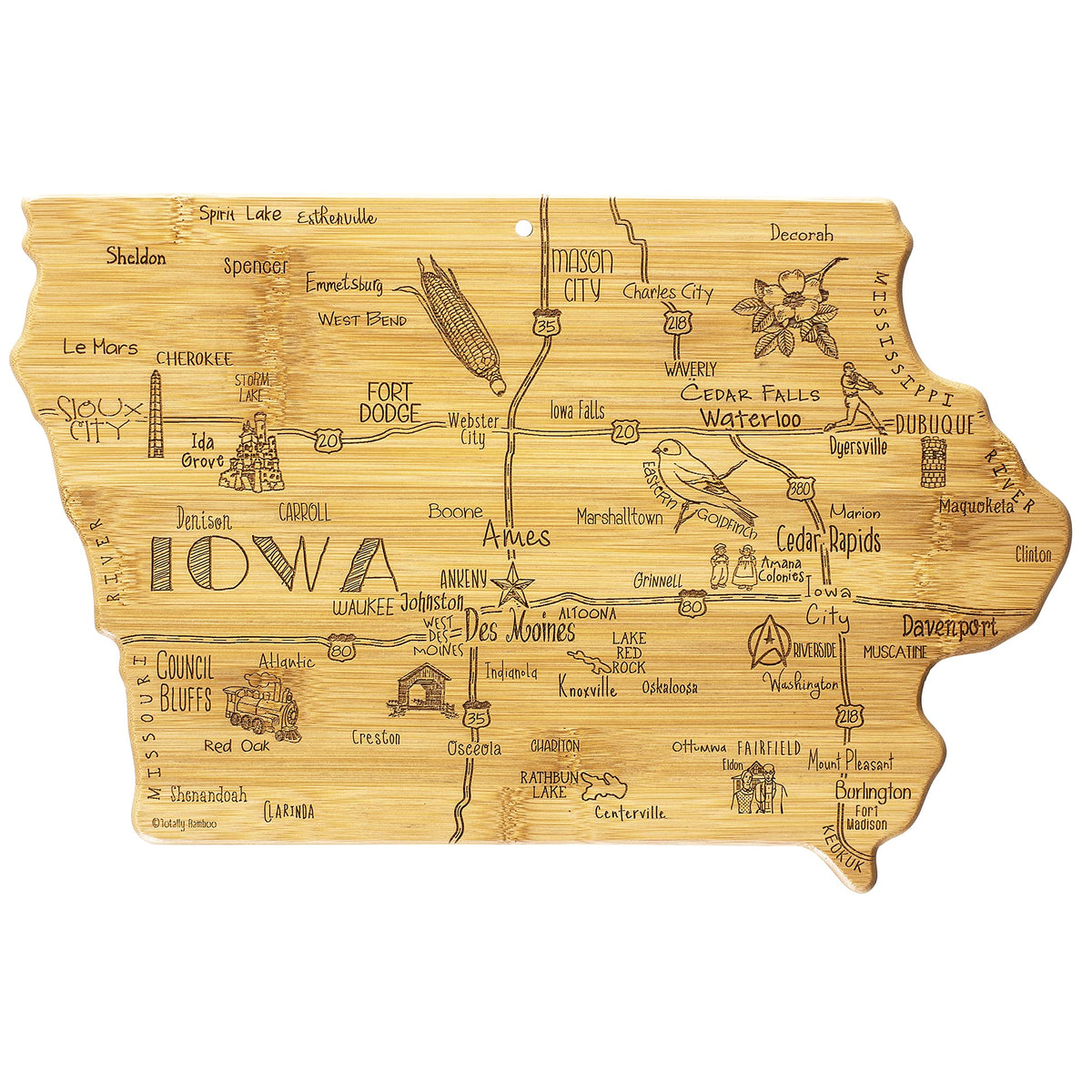 Totally Bamboo Destination Iowa cutting board with map engraving for cheese and charcuterie