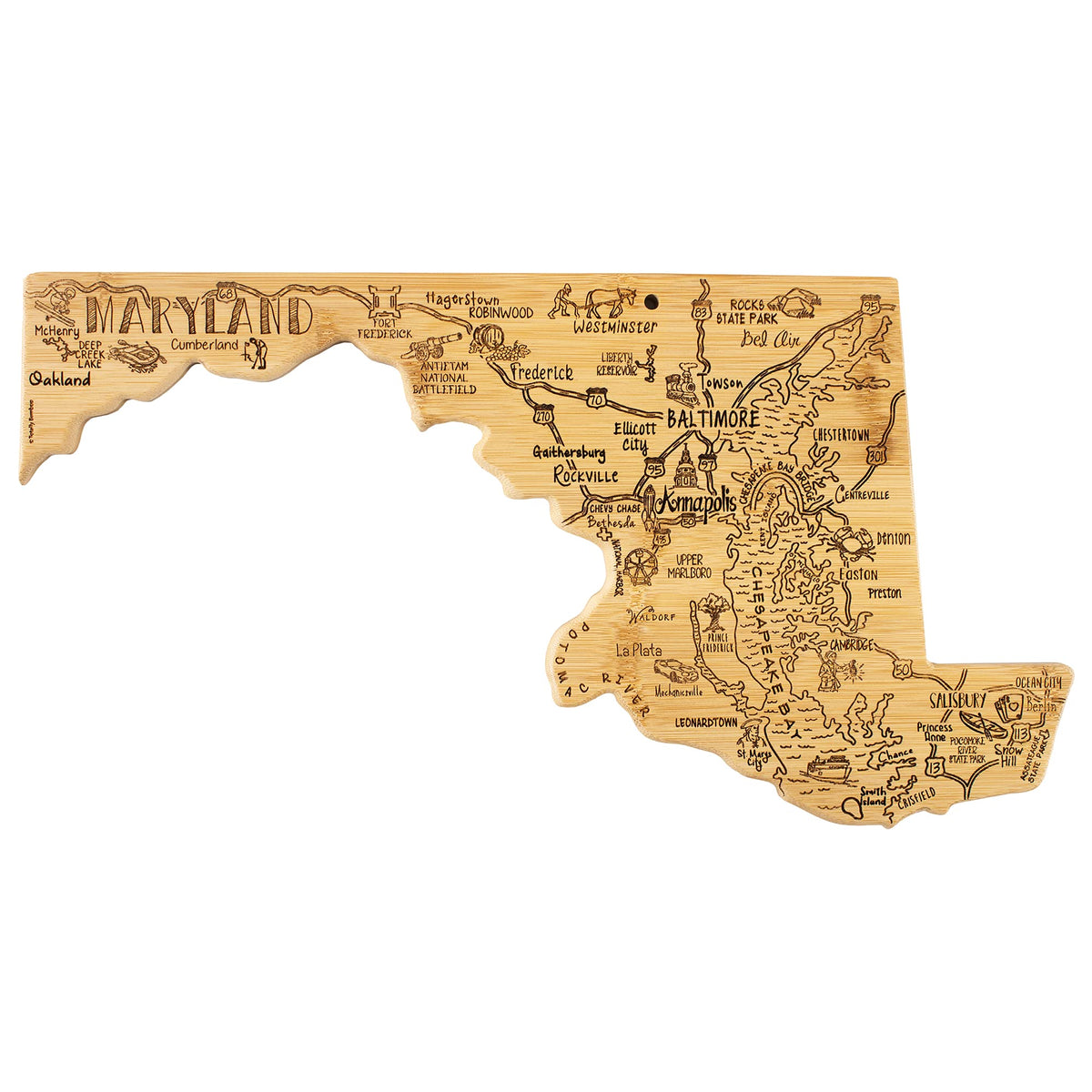 Totally Bamboo Maryland map cutting board for chopping and serving