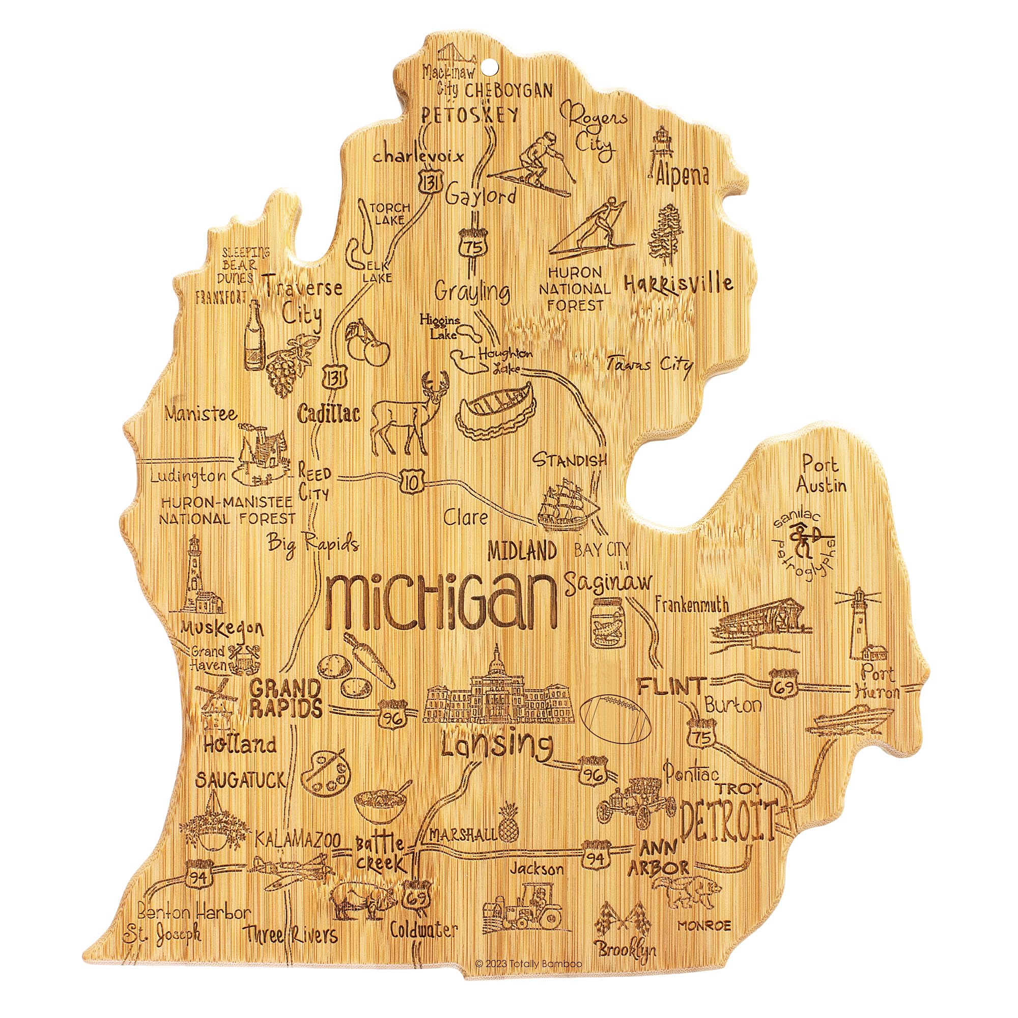 Totally Bamboo Destination Michigan mitten cutting board with map art for elegant kitchen prep