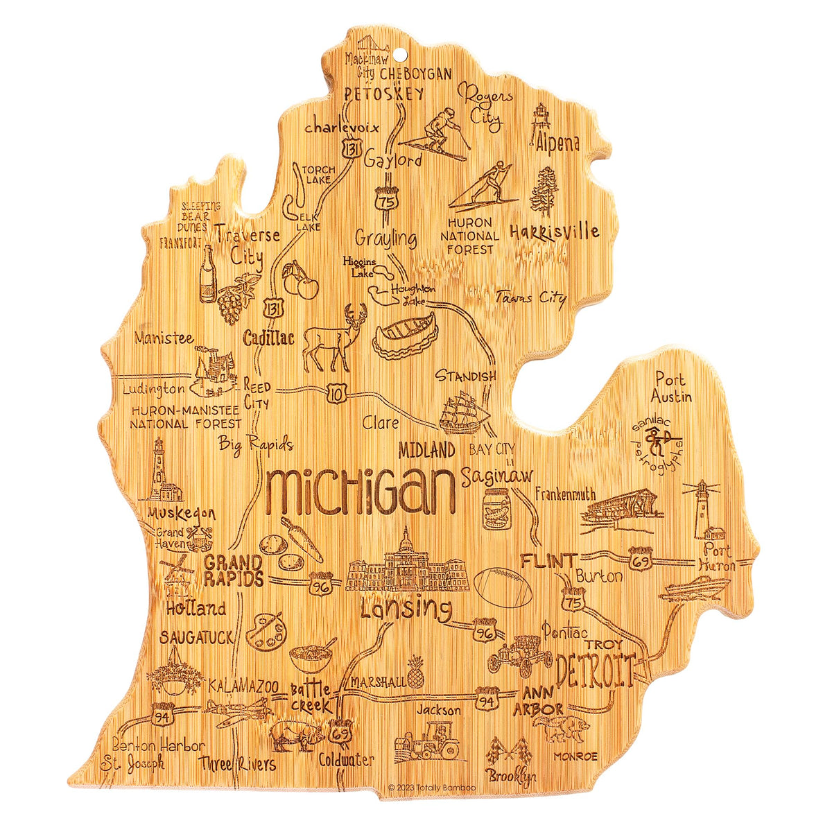 Totally Bamboo Destination Michigan mitten cutting board with map art for elegant kitchen prep