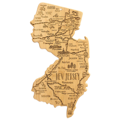 Totally Bamboo Destination New Jersey map cutting board with engraved cities for stylish prep.