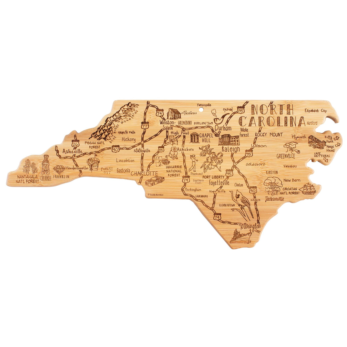 Totally Bamboo NC map art cutting board for kitchen prep and display.