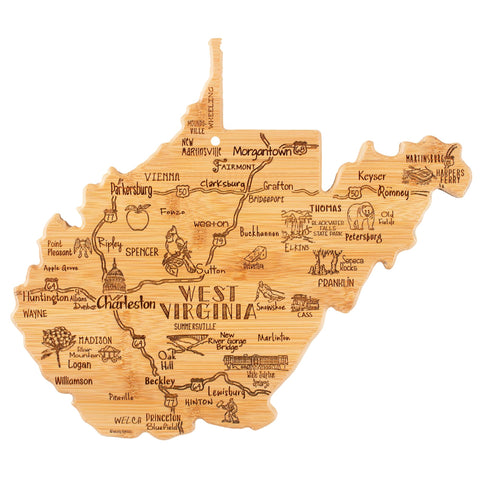 Totally Bamboo Destination WV cutting board with map engraving for stylish serving.