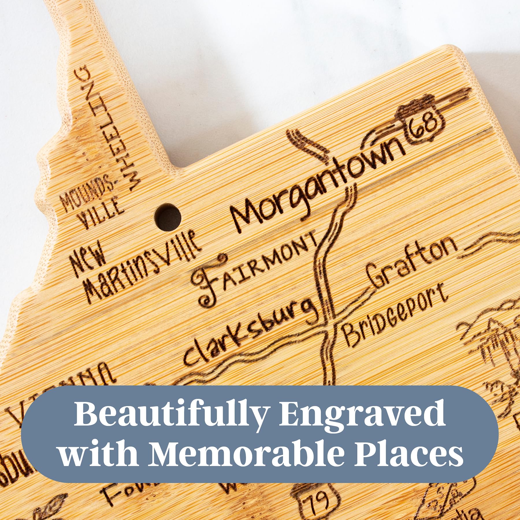 Totally Bamboo destination WV cutting board doubles as wall decor.