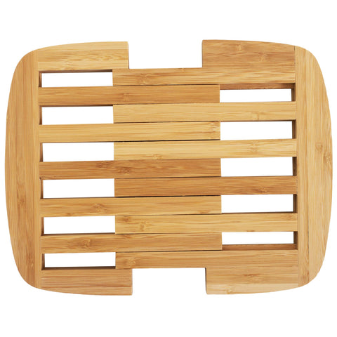 Totally Bamboo expandable trivet in compact form protects countertops from heat