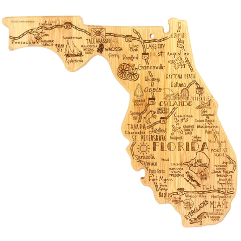Totally Bamboo Florida map cutting board shows city map engraving for stylish kitchen prep.