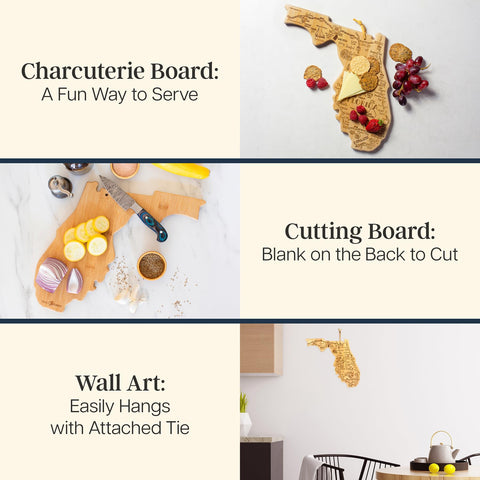 Totally Bamboo Florida state-shape board ideal for charcuterie and Florida-themed serving.