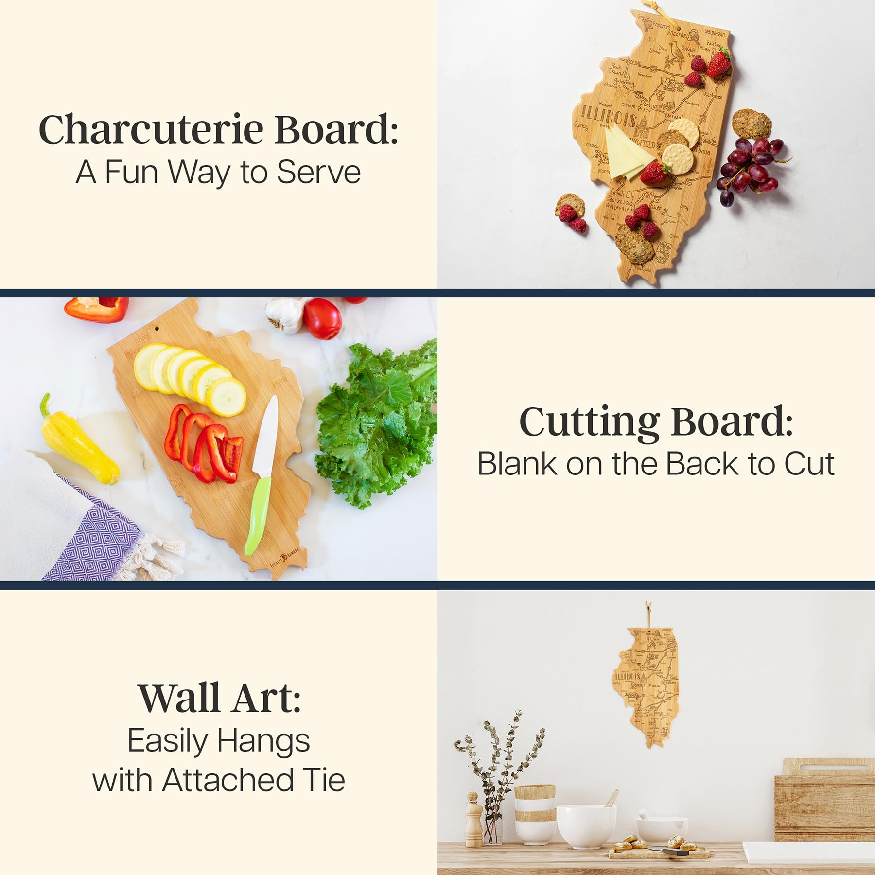 Totally Bamboo Illinois-detailed map charcuterie board for entertaining guests with themed serving.