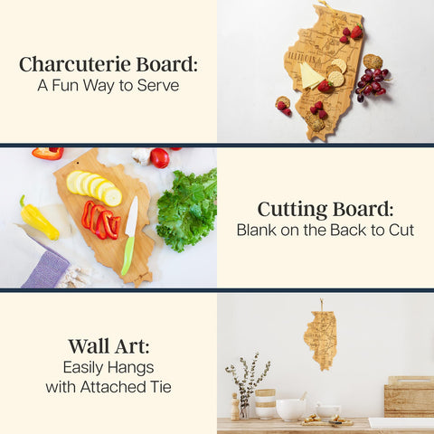 Totally Bamboo Illinois-detailed map charcuterie board for entertaining guests with themed serving.
