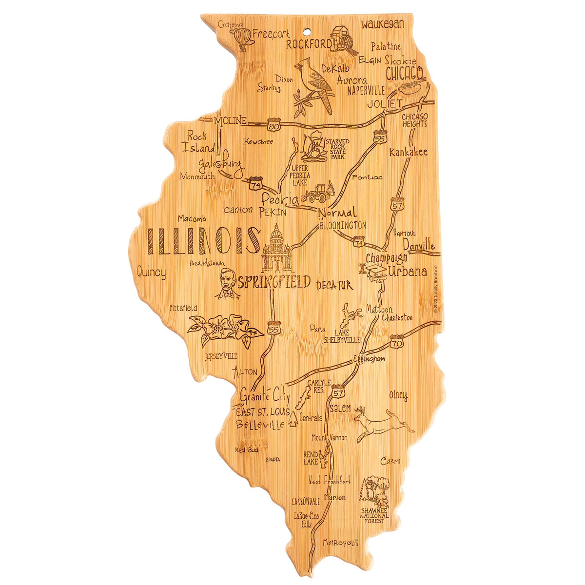 Totally Bamboo Illinois state-shaped cutting board with map art for stylish food prep and display.