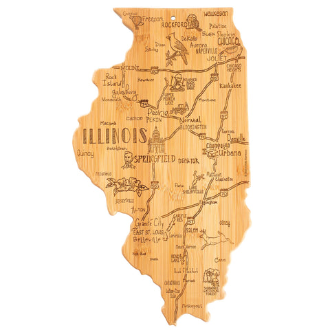 Totally Bamboo Illinois state-shaped cutting board with map art for stylish food prep and display.