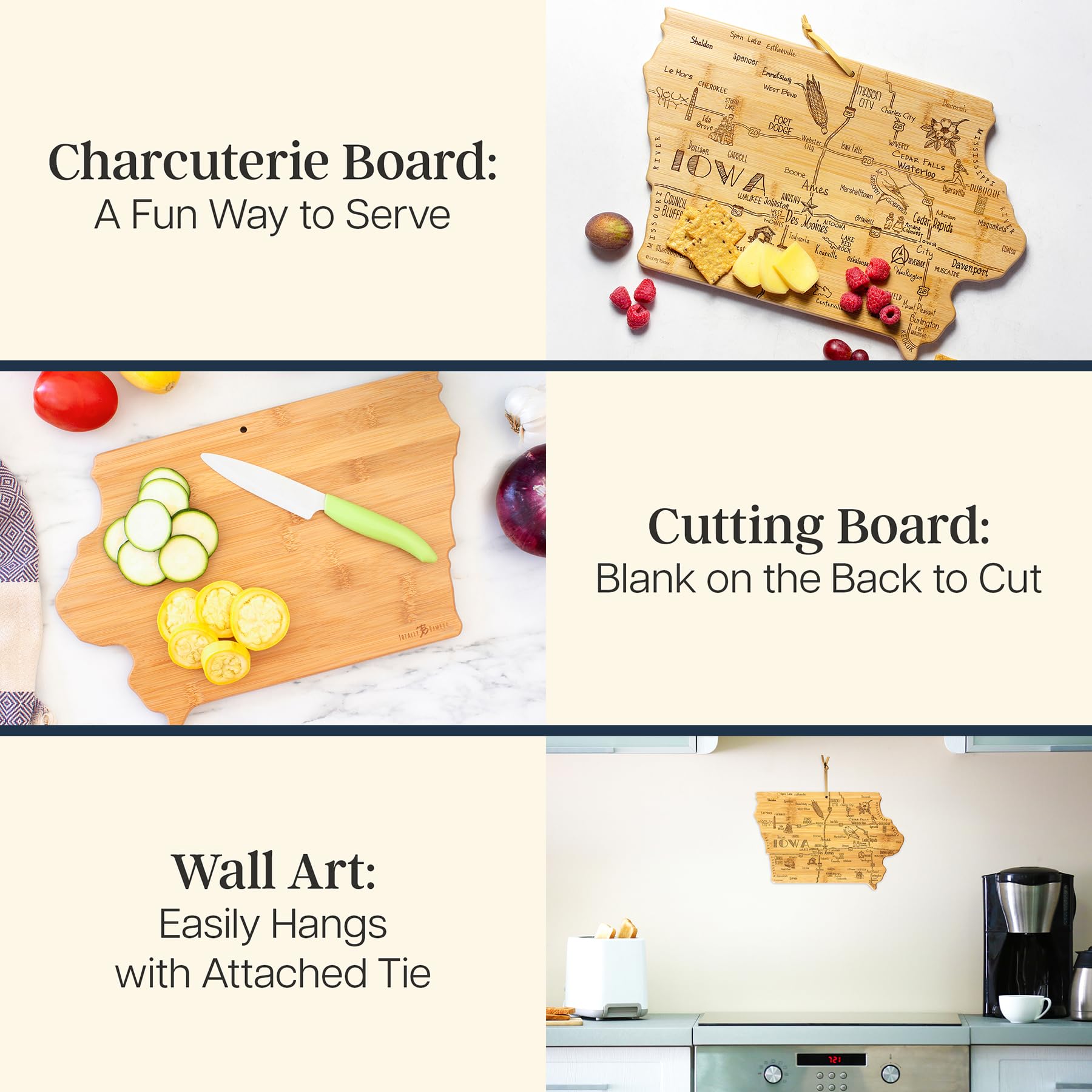 Totally Bamboo Iowa state-shaped board with hanging tie for wall display