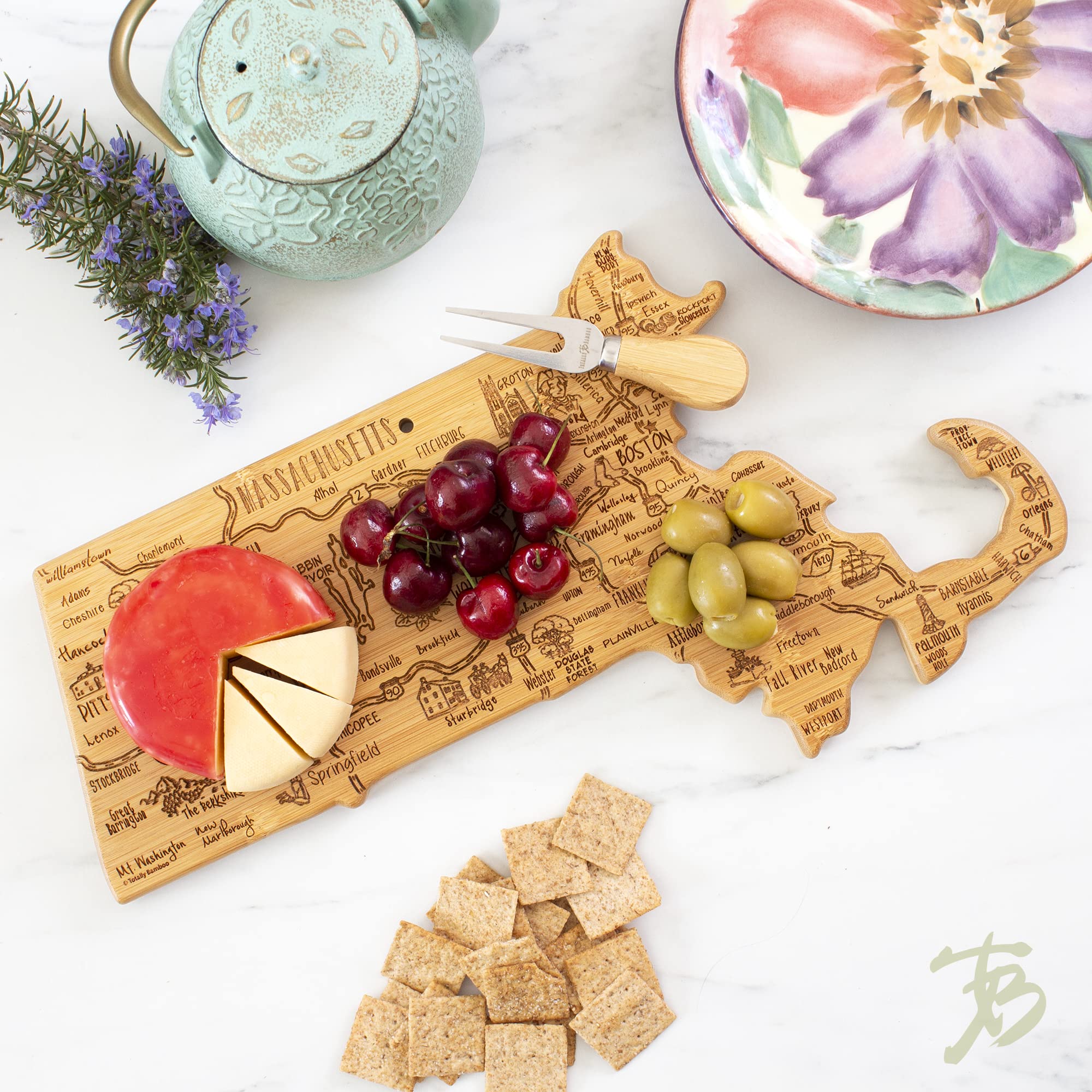 Totally Bamboo laser-engraved Massachusetts art adds decorative kitchen flair.