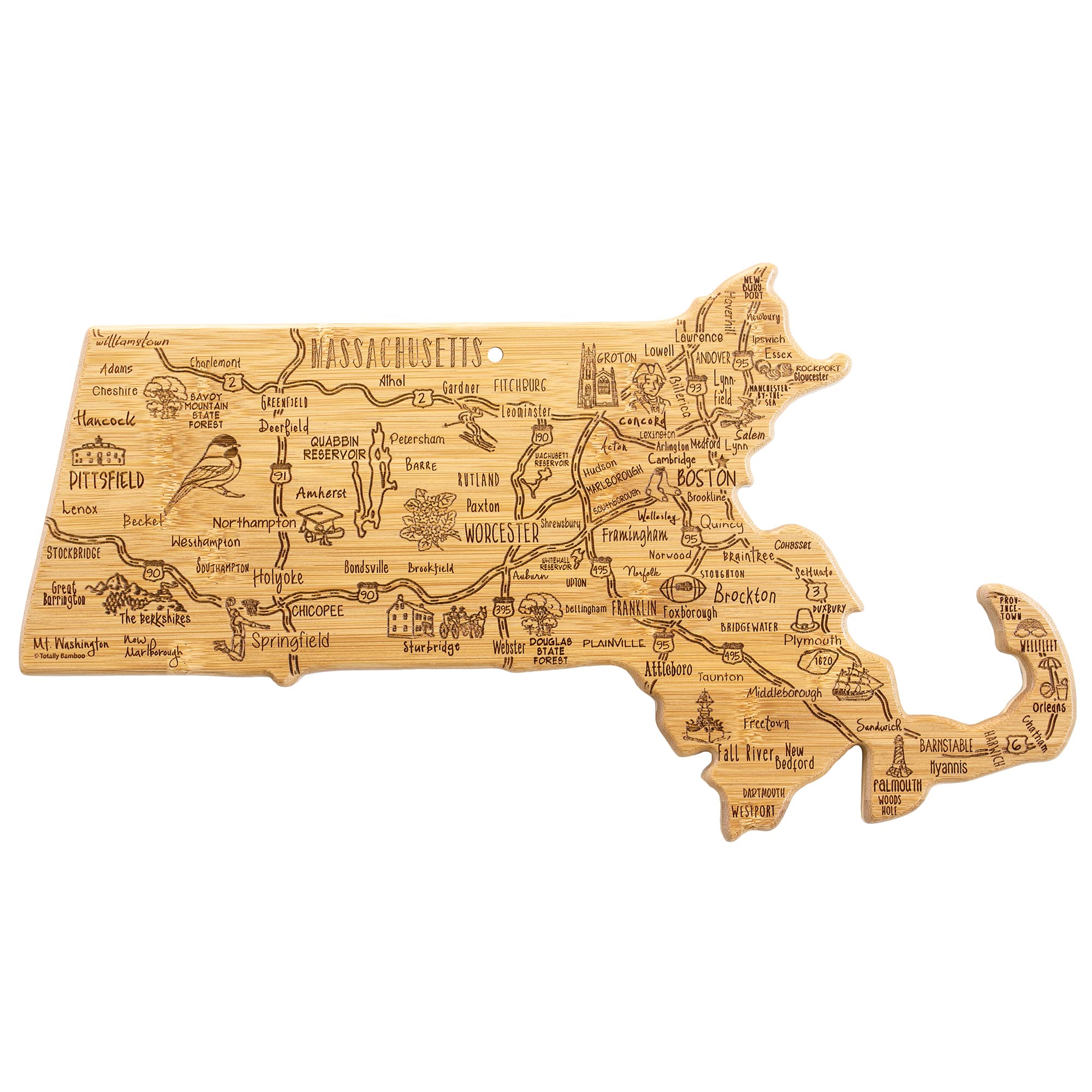 Totally Bamboo Massachusetts shape cutting board showcases state silhouette for stylish serving.