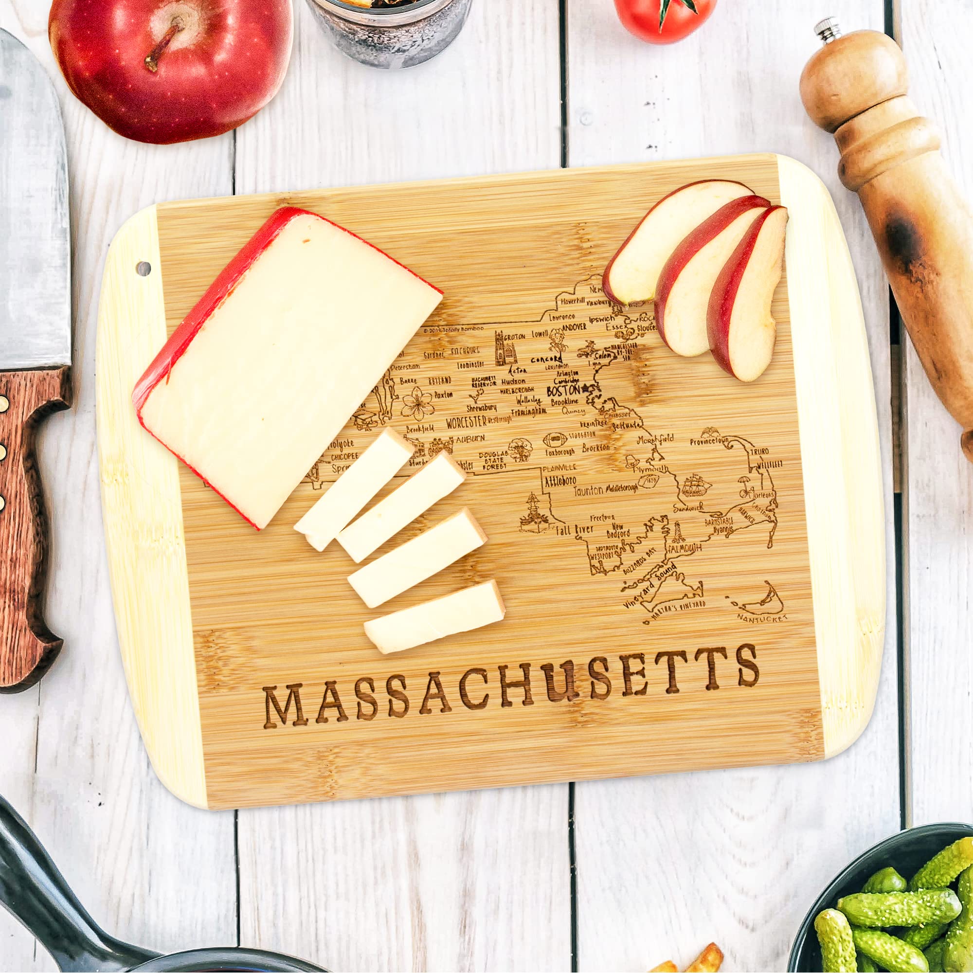 Totally Bamboo board featuring Massachusetts landmarks engraving for conversation