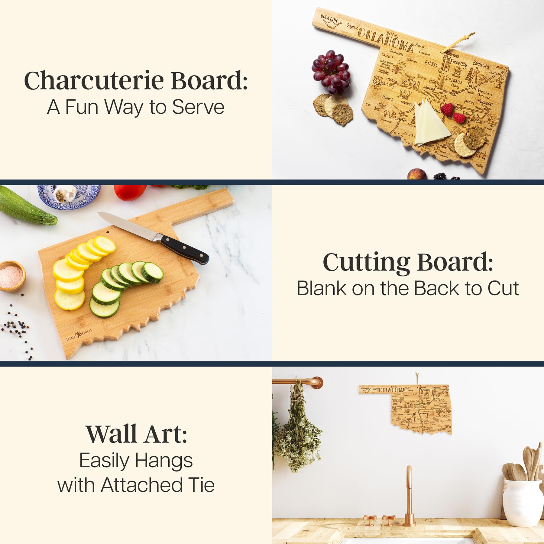 Totally Bamboo Oklahoma city landmarks engraving on a board adds decorative flair for gatherings.