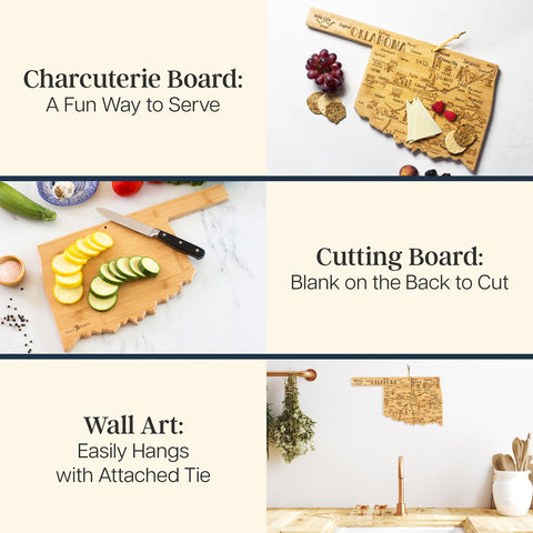 Totally Bamboo Oklahoma city landmarks engraving on a board adds decorative flair for gatherings.