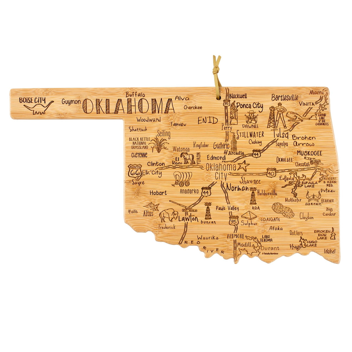 Totally Bamboo Oklahoma state map cutting board with engraved cities for stylish serving.