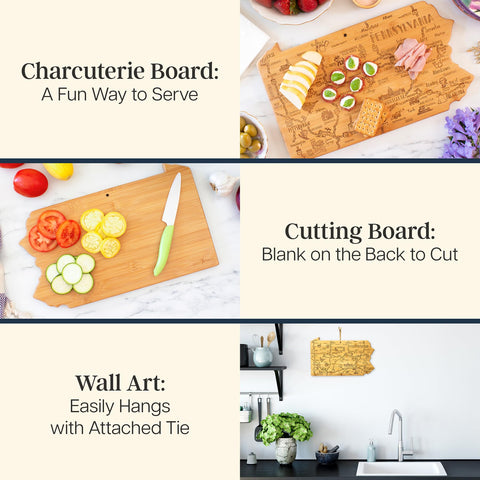 Totally Bamboo pa map art board highlights Pennsylvania landmarks for chic charcuterie.
