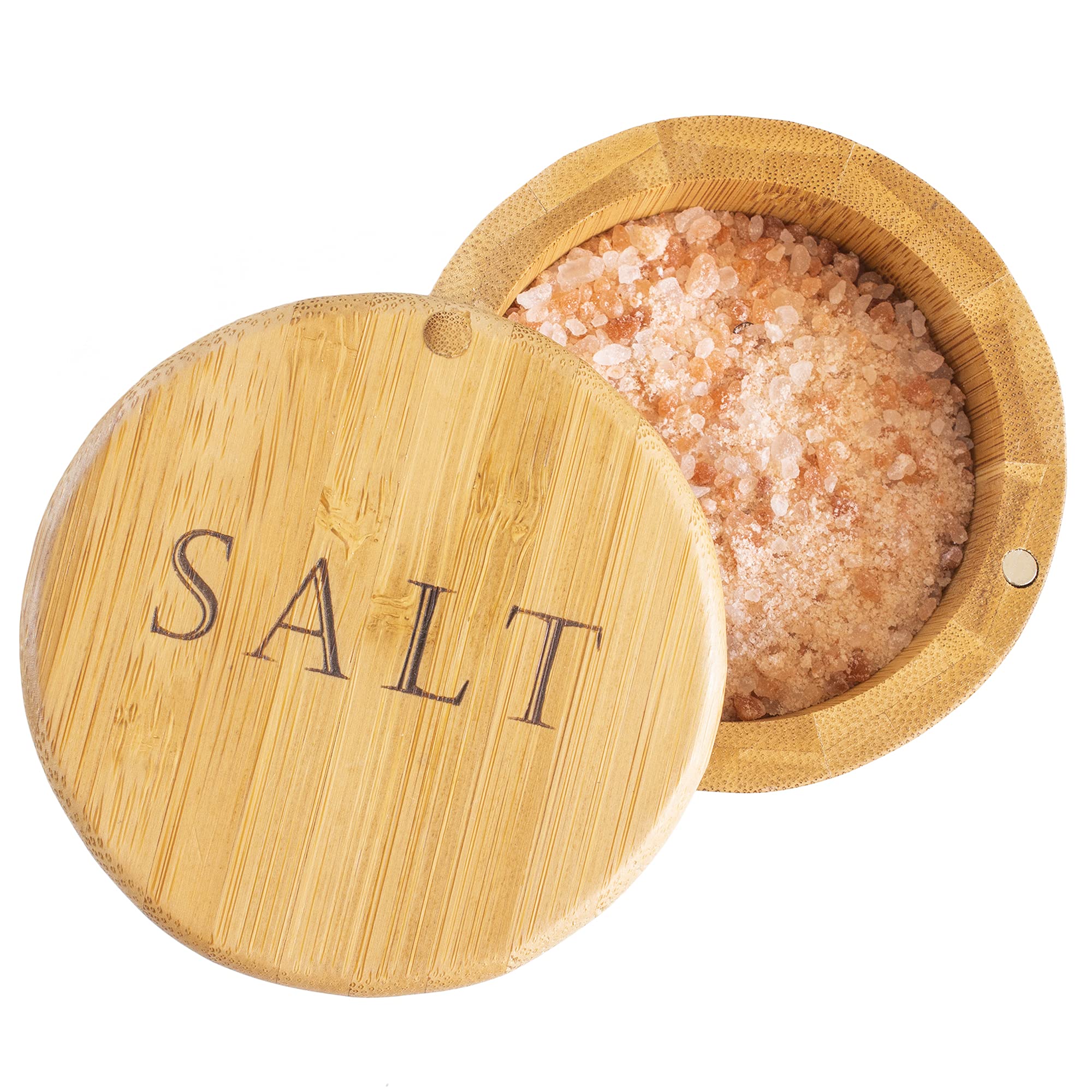 Totally Bamboo salt cellar with magnetic swivel lid on countertop for quick seasoning.