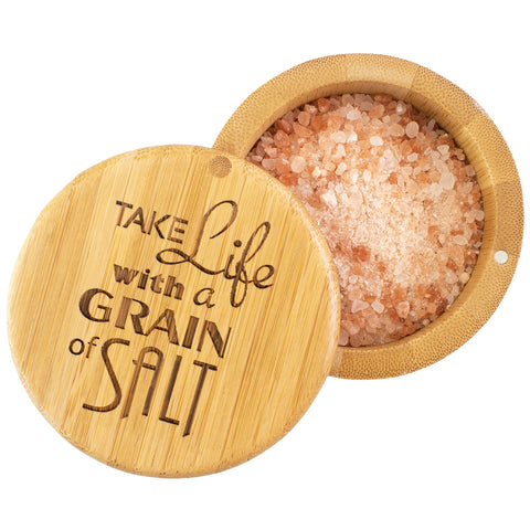 Totally Bamboo Salt Cellar with magnetic swivel lid for easy one-handed seasoning.