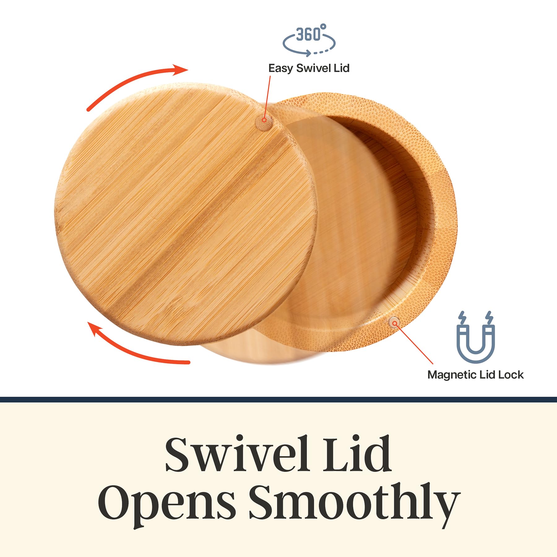 Totally Bamboo salt cellar lid open shows easy access for quick seasonings.