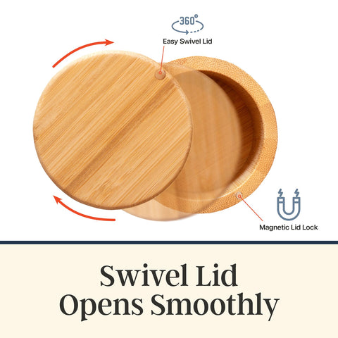 Totally Bamboo salt cellar lid open shows easy access for quick seasonings.