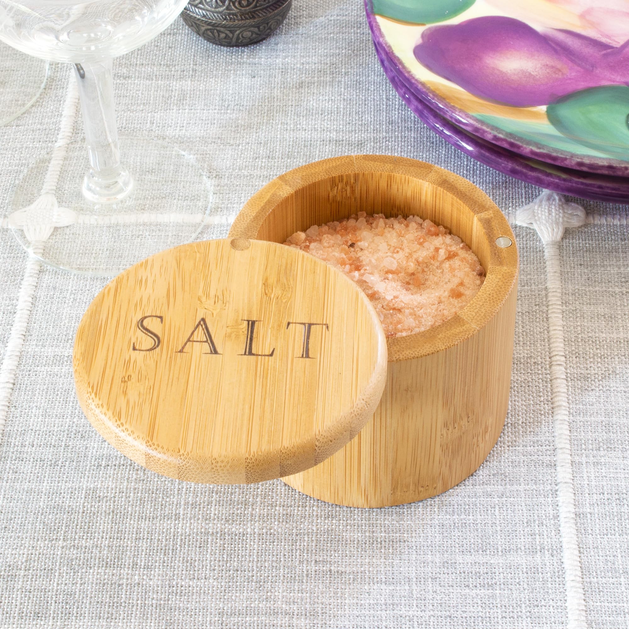 Totally Bamboo salt cellar showing smooth swivel lid action.