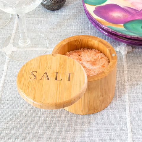 Totally Bamboo salt cellar showing smooth swivel lid action.