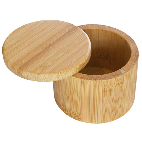 Totally Bamboo salt cellar with swivel lid keeps spices within reach and fresh.