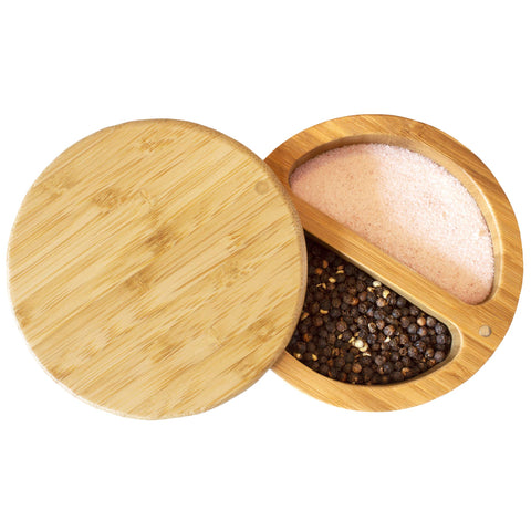 Totally Bamboo Salt Keeper Duet with dual compartments for salt and pepper, convenient on the counter