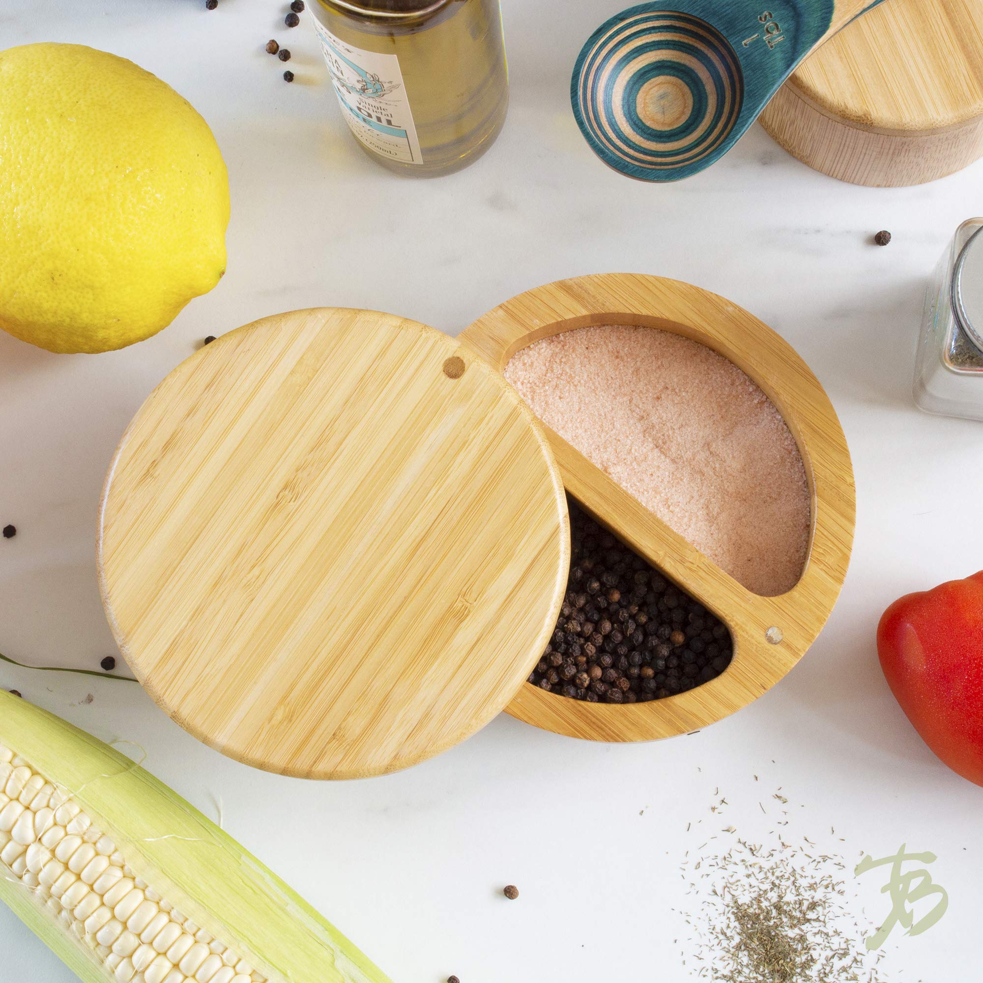 Totally Bamboo Salt Keeper Duet with magnetic swivel lid for quick one-handed seasoning