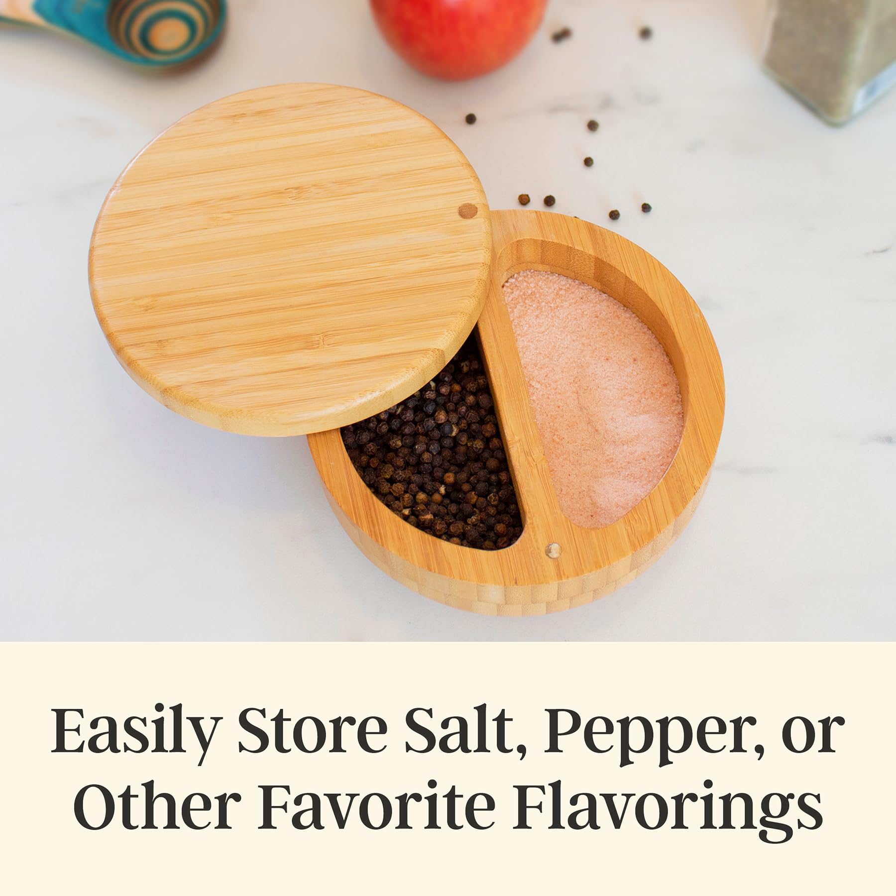 Totally Bamboo Salt Keeper Duet showing side-by-side chambers for organized spice storage